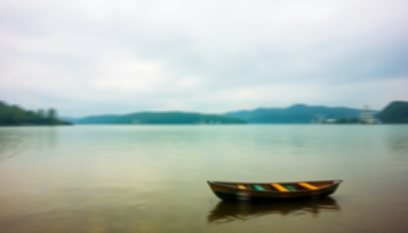 An extremely blurred, impressionistic photograph of a small boat floating on a calm lake, with the surrounding landscape and sky rendered in soft, hazy tones of green, blue, and yellow.