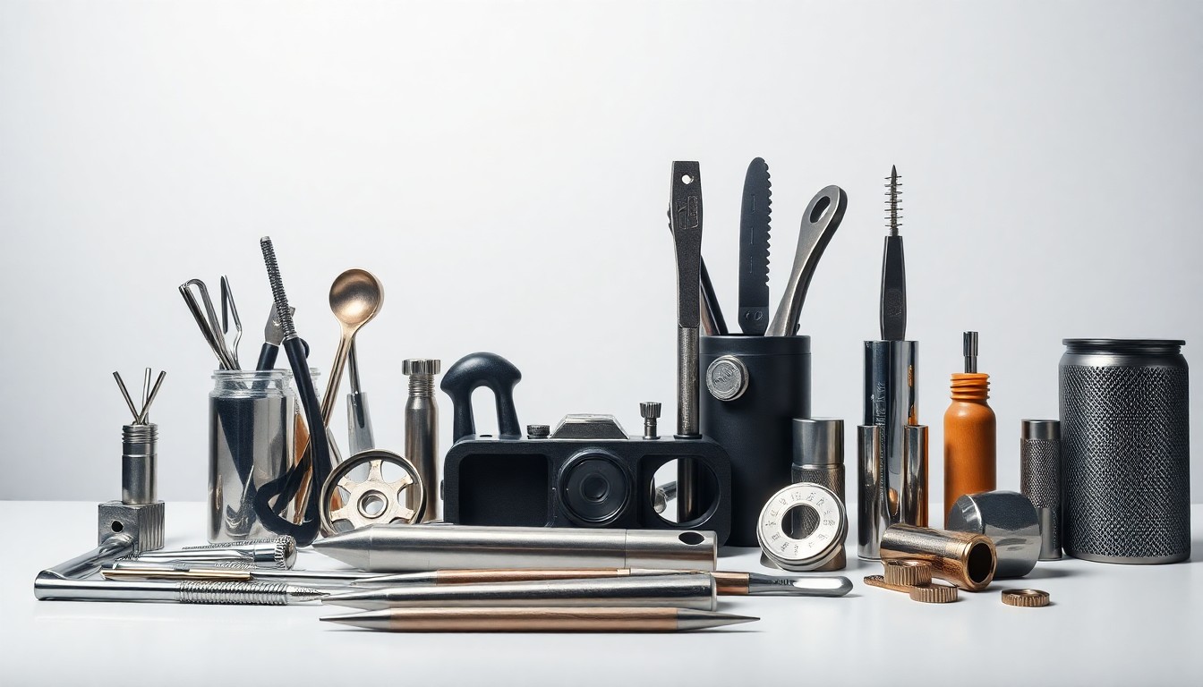A minimalist studio still life featuring a neatly arranged composition of polished metal tools and office supplies, representing the abstract concepts of workforce, productivity, and corporate strategy in the face of labor shortages.