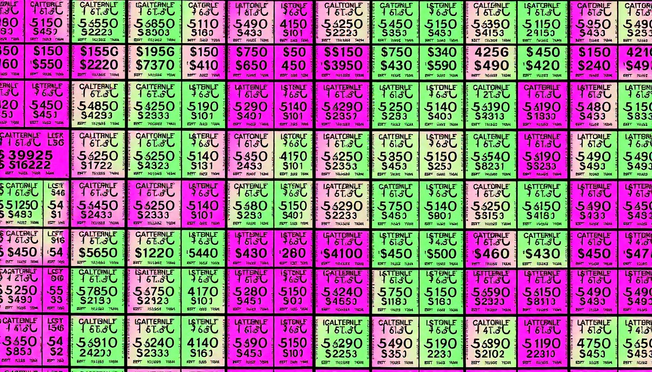 A highly stylized, abstract grid of brightly colored lottery tickets in neon shades of blue, green, and pink, conceptually representing the excitement and allure of California's lottery culture.