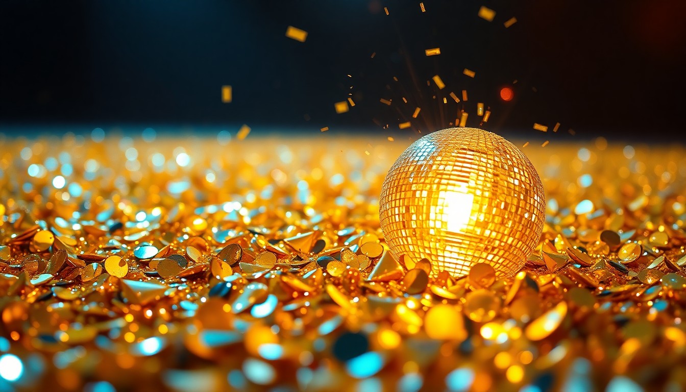 An abstract close-up image featuring a textured surface of shimmering gold sequins and reflective disco ball fragments, evoking the glitz and glamour of a high-energy R&B concert performance.