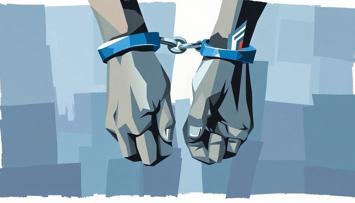 A dynamic, fragmented painting in shades of blue, grey, and black depicting a pair of handcuffed hands, conveying the denial of due process and liberty for detained migrants.