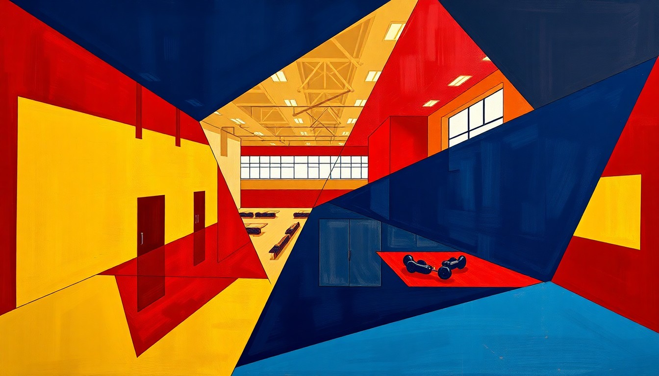 A fractured, multi-perspective painting in bold colors depicting the various training and recovery areas of the new Hendrick Motorsports athletic center, including a gym, hydrotherapy room, and medical facilities, conceptually representing the advanced and comprehensive nature of the facility.