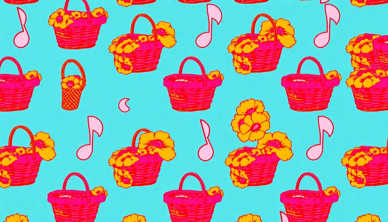 A vibrant, high-contrast silkscreen print in neon shades of green, yellow, and pink, featuring a repeated pattern of an iconic Athens spring festival object like a marigold flower or music note, capturing the energy and creativity of the city's seasonal celebrations.