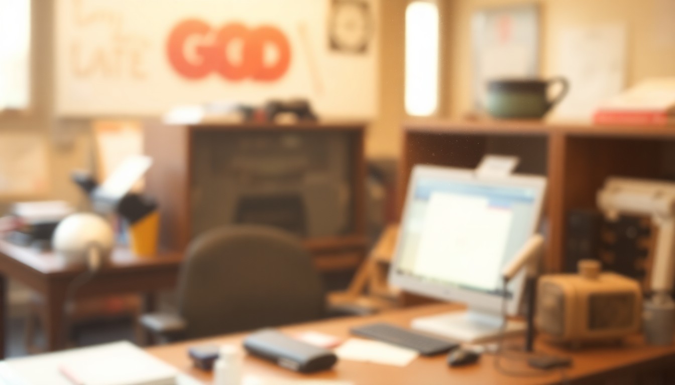 An extremely blurred, out-of-focus image depicting a warm, hazy scene with muted shapes and colors representing the tools and technology of an engineering workspace, conveying the conceptual legacy of L.A. Parker's lifelong career.