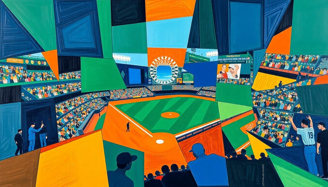 A cubist-style painting depicting a baseball game broken down into overlapping geometric shapes and planes in navy, green, and orange, conveying the high-energy action and competitive spirit of the sport.