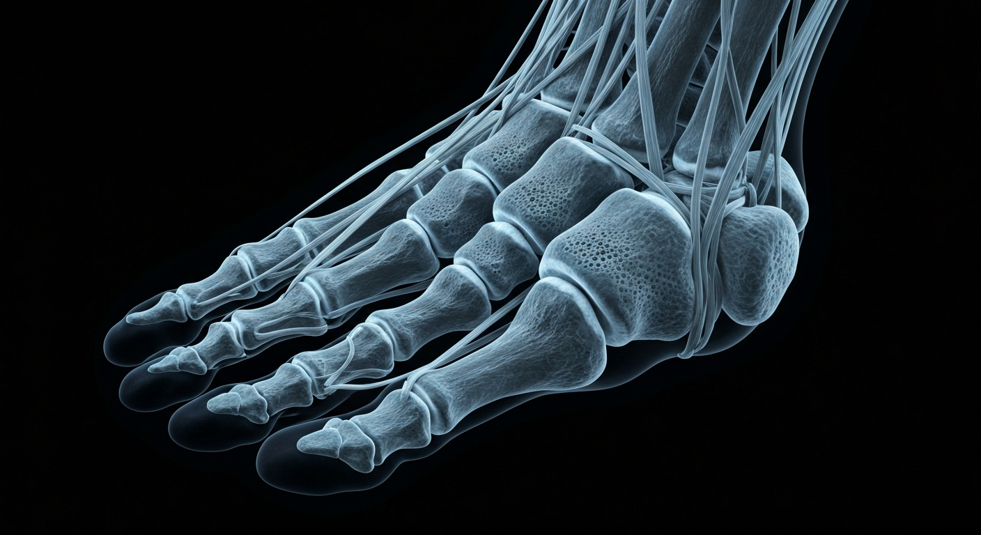 An extreme close-up X-ray photograph showing the delicate bone and tissue structures of a human foot, glowing translucently against a dark background to conceptually represent the specialized care provided at the STHS Wound Healing Center.