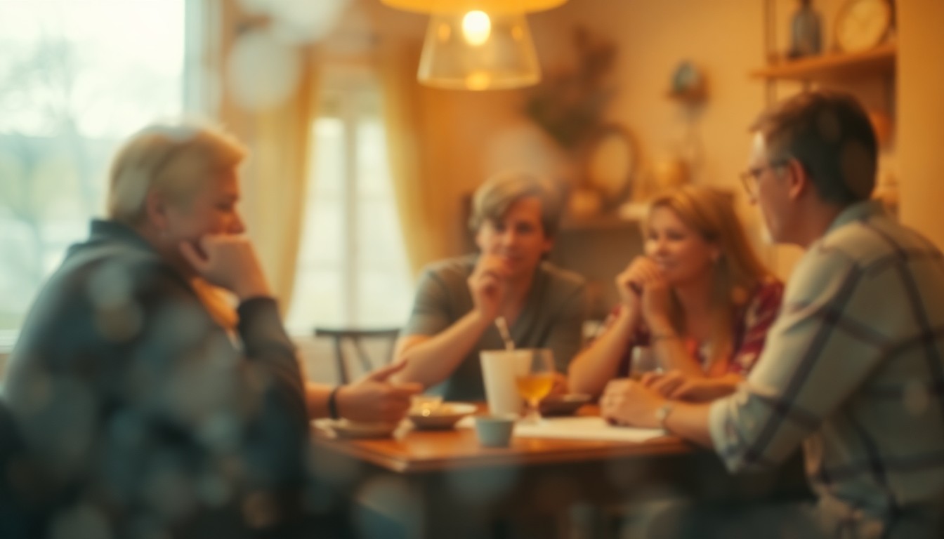 An abstract, impressionistic scene of people gathered around a table, their faces and details obscured in a hazy, dreamlike wash of warm colors and soft light, conveying a sense of nostalgia and the importance of preserving local history through personal recollections.