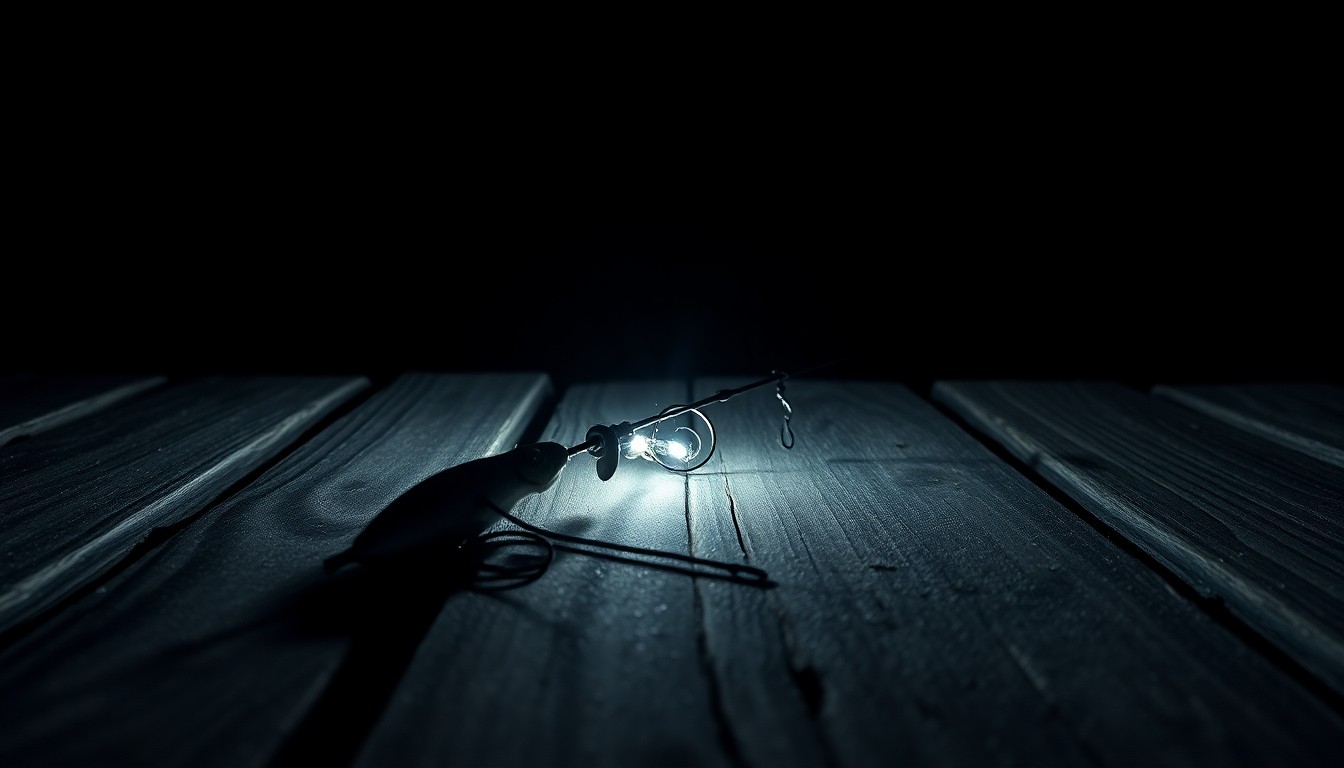 An extreme close-up photograph of a fishing lure tangled on a weathered wooden dock, lit by a harsh, direct camera flash against a pitch-black background, conceptually representing the investigation into a fatal boating accident.