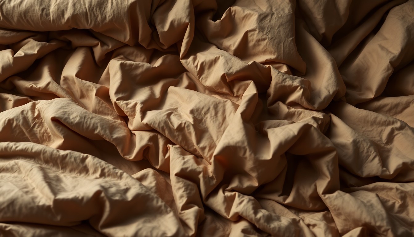 An abstract close-up photograph of luxurious hotel bedding in muted earth tones, with dramatic high-contrast lighting creating a sense of intimate, high-fashion glamour.