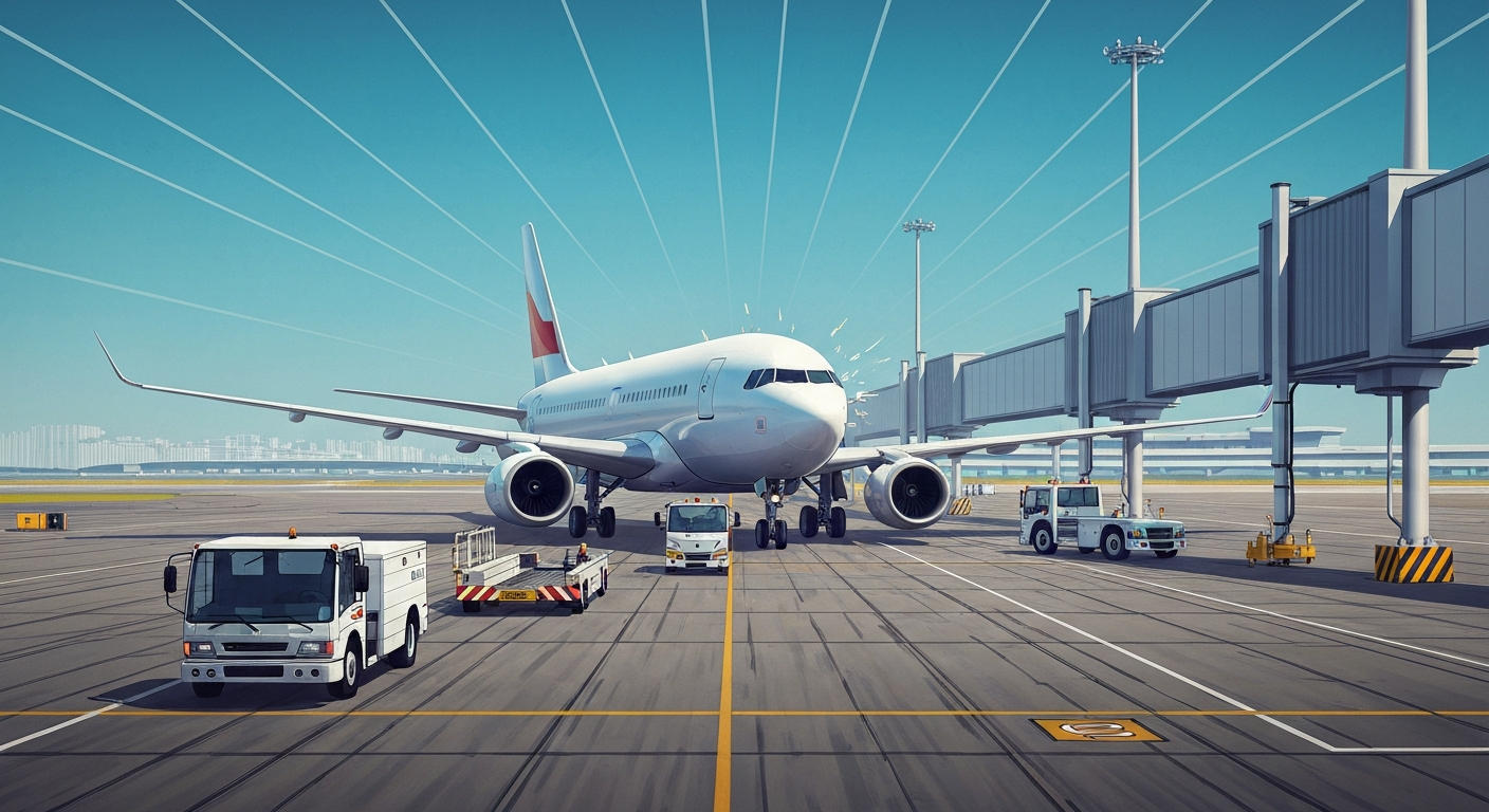 A bold, geometric illustration in the Art Deco style depicting the towering, sweeping forms of an airport taxiway and infrastructure, conceptually representing the tension and drama of a near-collision between an airplane and service vehicles.