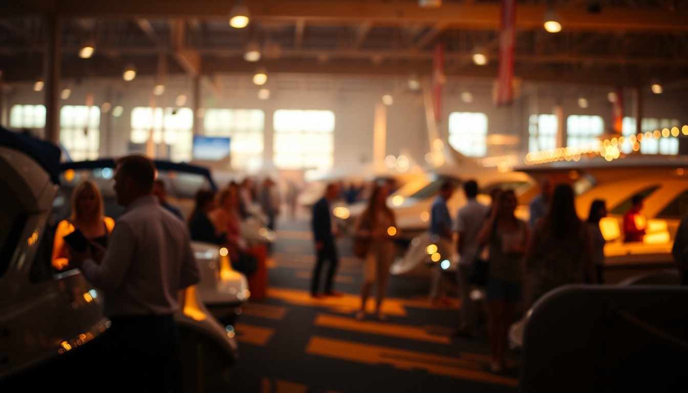 An abstract, out-of-focus photograph depicting a group of people examining boats at the Augusta Boat Show, with soft, warm pools of light and color creating a dreamlike, atmospheric scene.