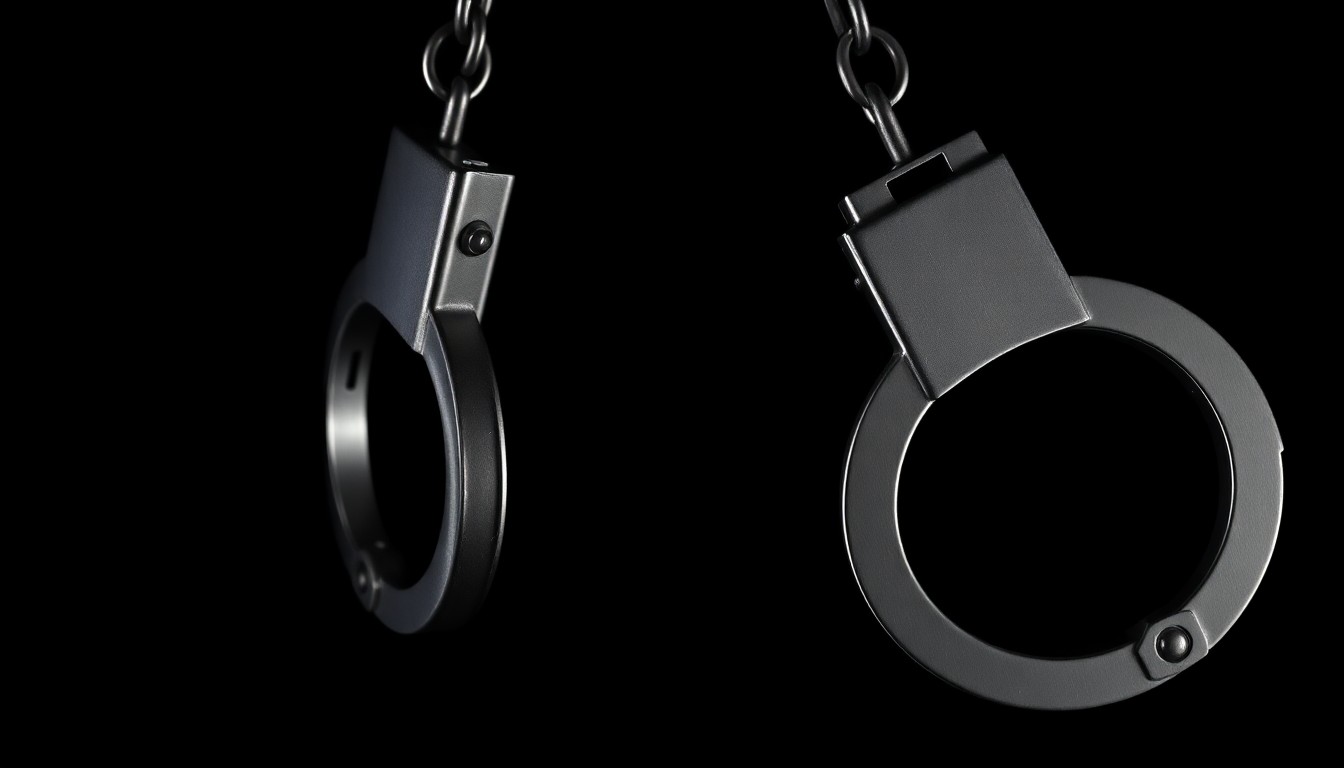 An extreme close-up photograph of a pair of metal handcuffs against a stark black background, the harsh flash creating dramatic shadows and highlights that convey a sense of urgency and investigation around this alleged hate crime incident.