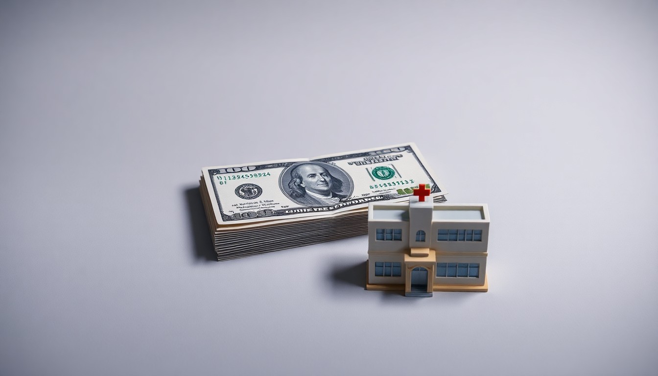 A minimalist studio still life photograph featuring a stack of dollar bills, a gold executive nameplate, and a small model of a hospital building, arranged elegantly on a clean white background to symbolize the abstract corporate strategy and finance behind executive pay disparities in the healthcare industry.