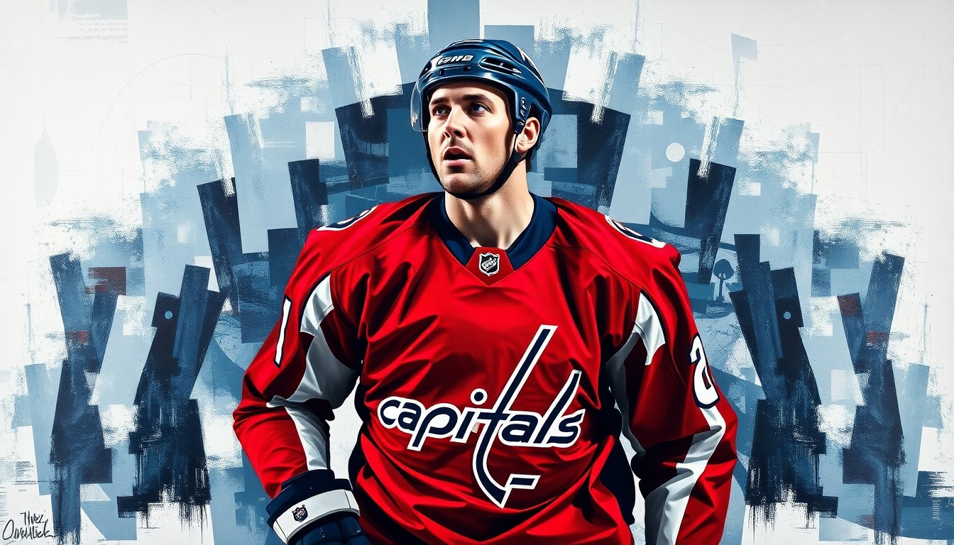 A cubist-style painting depicting the hockey player Alex Ovechkin in his Washington Capitals jersey, broken down into sharp, overlapping geometric shapes and planes of color, capturing the uncertainty and anticipation surrounding his potential retirement decision.
