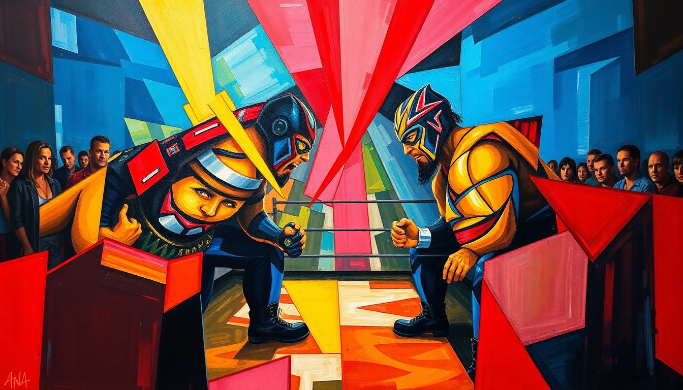 A fragmented, geometric painting in bold colors depicting a TNA wrestling match, with overlapping planes and sharp angles that capture the dynamic movement and competition of the sport.