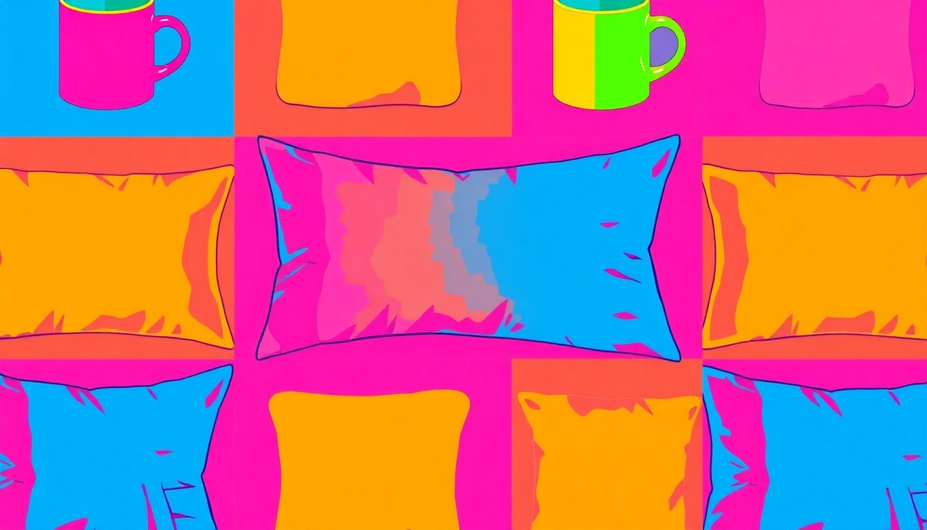 A vibrant, high-contrast silkscreen print featuring a repeated pattern of a hotel room coffee mug in neon pink, orange, and blue hues, conceptually representing the modern, design-forward aesthetic of the newly renovated Ricardo Marriott hotel.