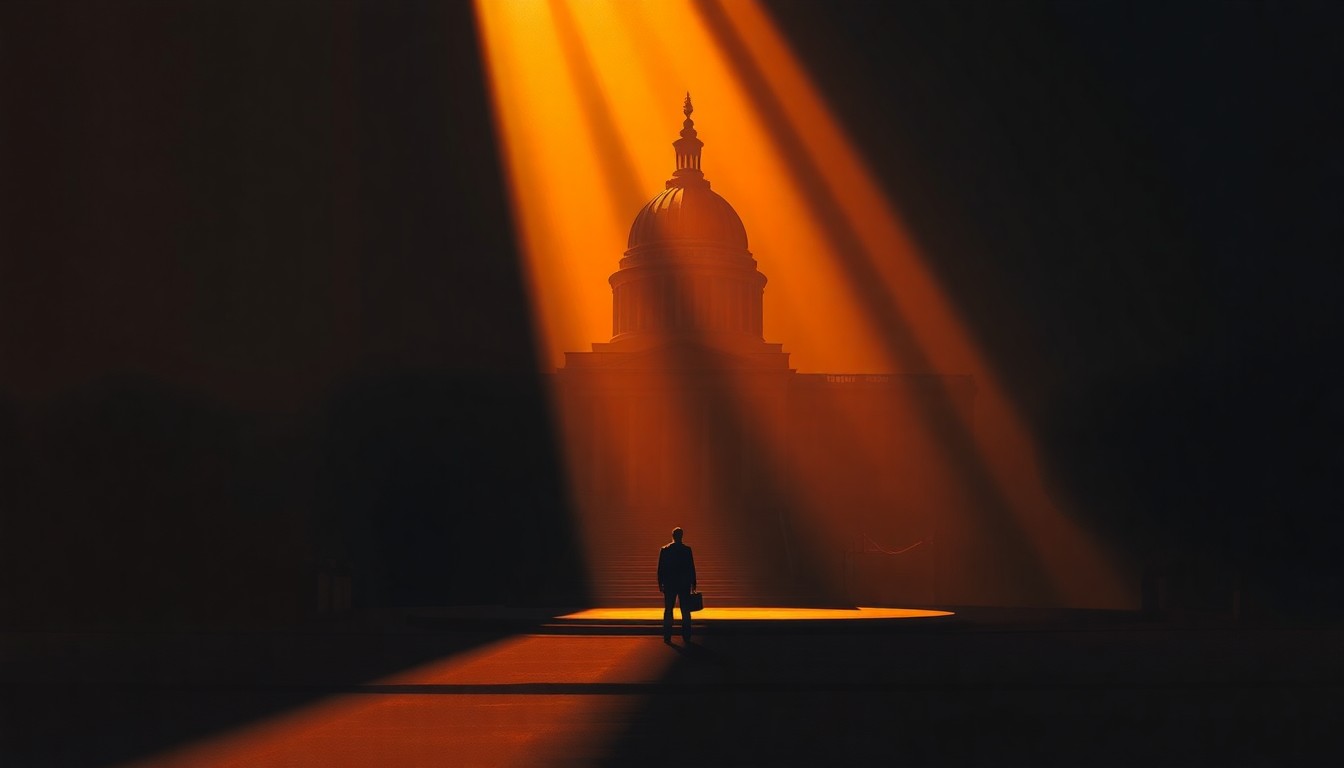 A serene, cinematic painting depicting a government building or political figure in warm, muted tones, capturing the contemplative mood of the story.