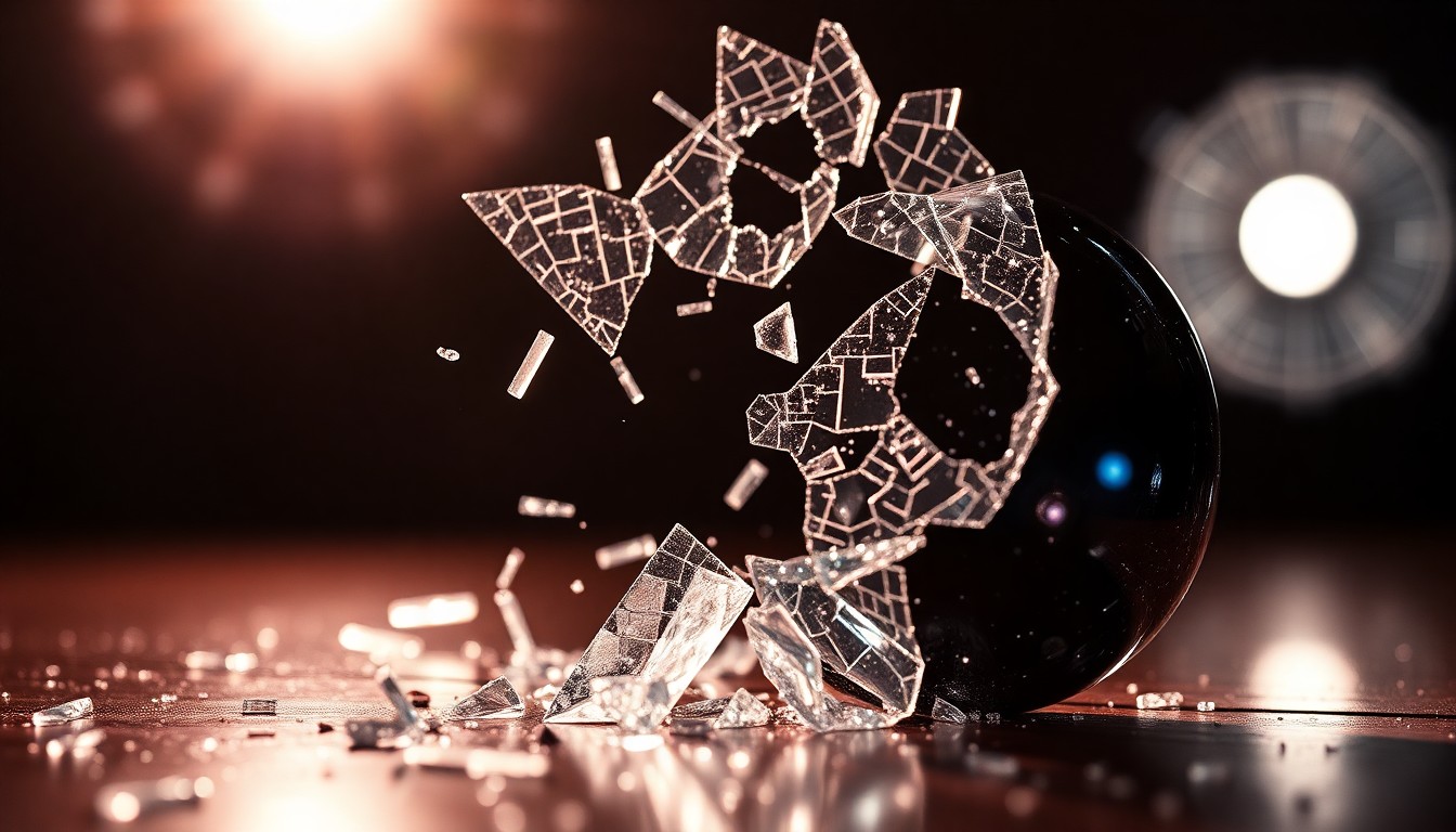 An extreme close-up of shattered, glittering glass fragments in high-contrast studio lighting, conveying the fragility and emotional weight of the tragic loss of a young musician.