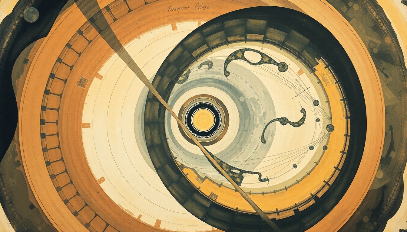 A highly textured abstract painting in earthy tones, featuring sweeping geometric arcs, concentric circles, and precise spirals, conceptually representing the complex structures and forces of the quantum realm.