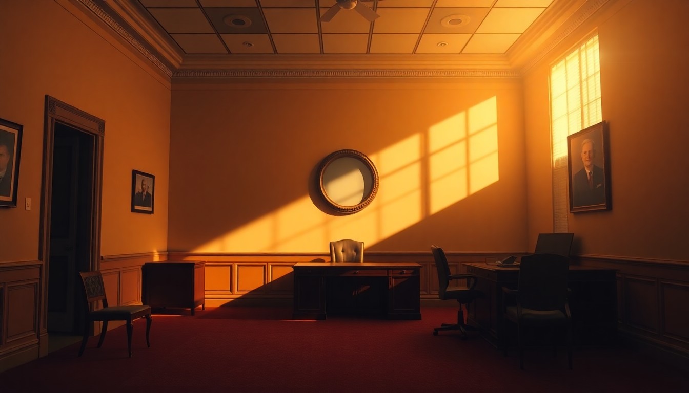 A dimly lit, empty congressional office bathed in warm, golden sunlight streaming through the windows, evoking a sense of solemnity and the passing of an era in American politics.