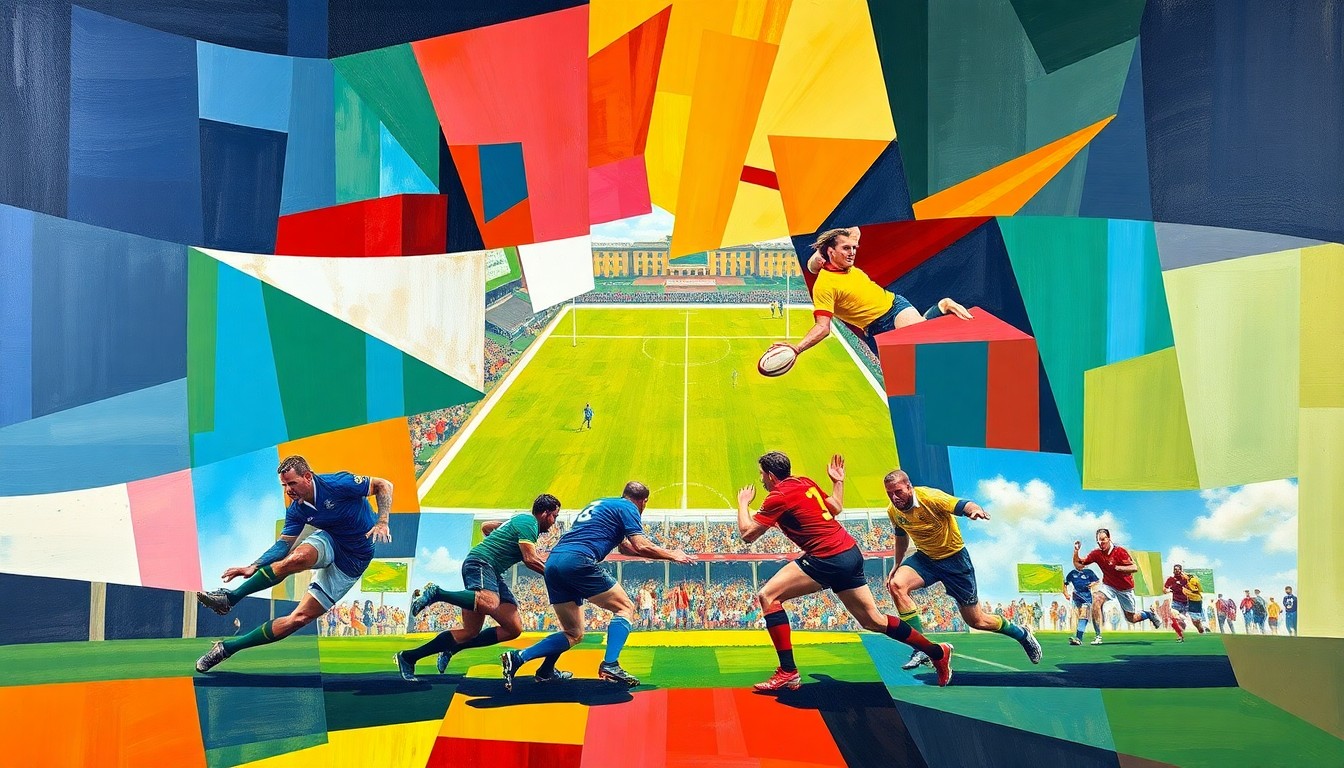 A cubist, geometric painting depicting a rugby match, with overlapping planes of color representing the dynamic action on the field. The artwork captures the sport's blend of analytical strategy and athletic artistry.