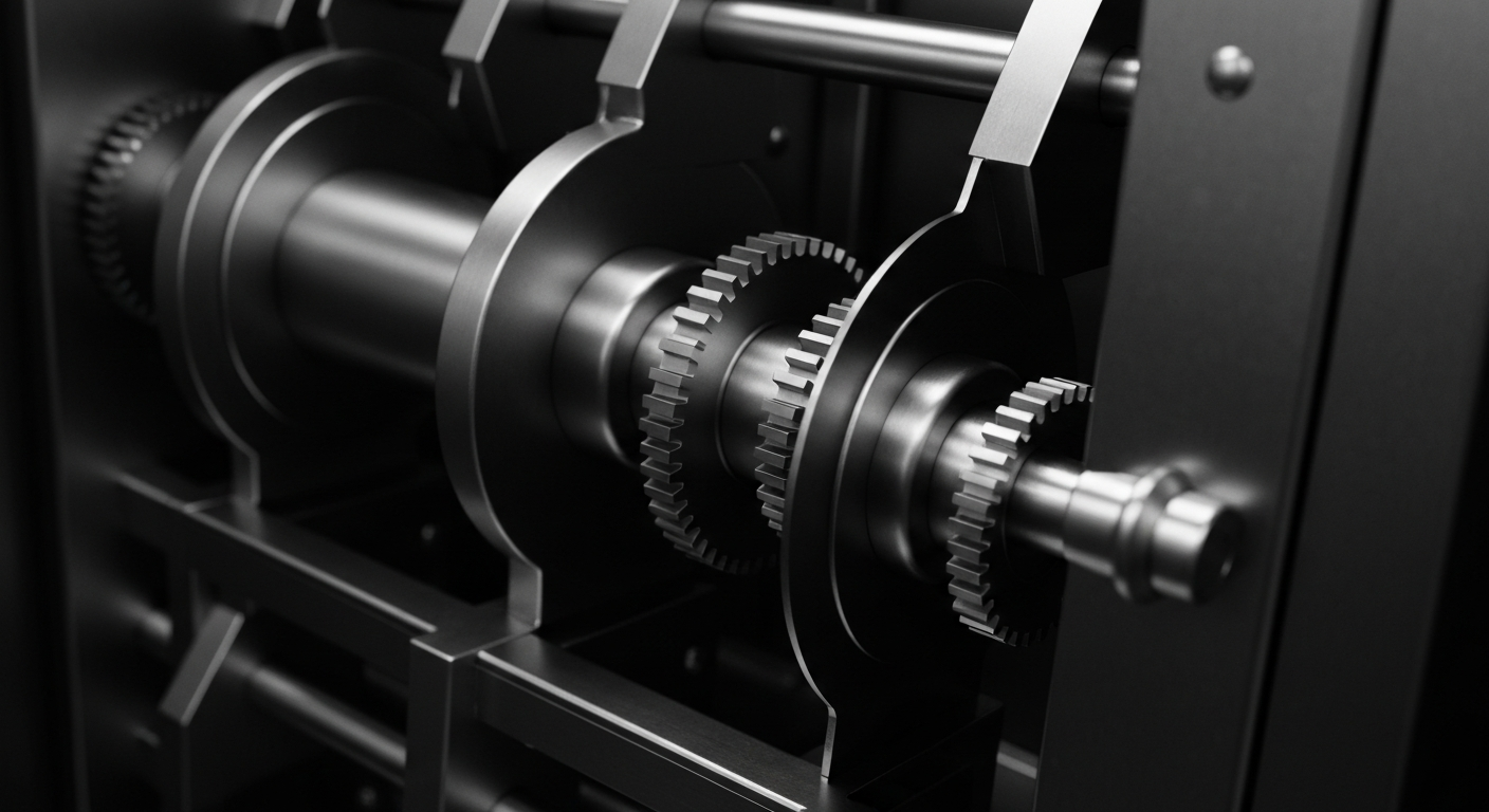 An extreme close-up of the complex, interlocking gears and mechanisms of a bank vault or safe deposit box, rendered in high-contrast black and white photography to represent the inner workings of the financial services industry.