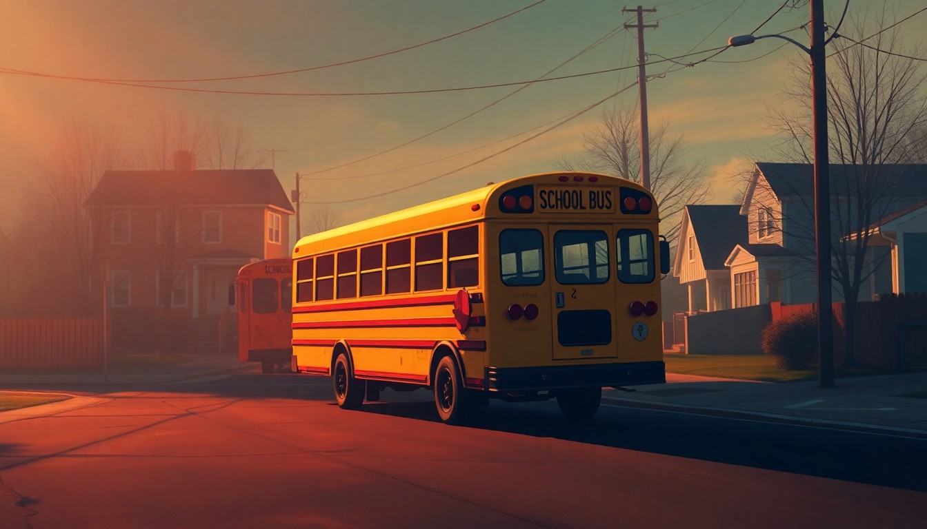 A serene, nostalgic painting of a school bus parked on a residential street, with warm sunlight and deep shadows creating a contemplative mood that reflects the human impact of the family's deportation.