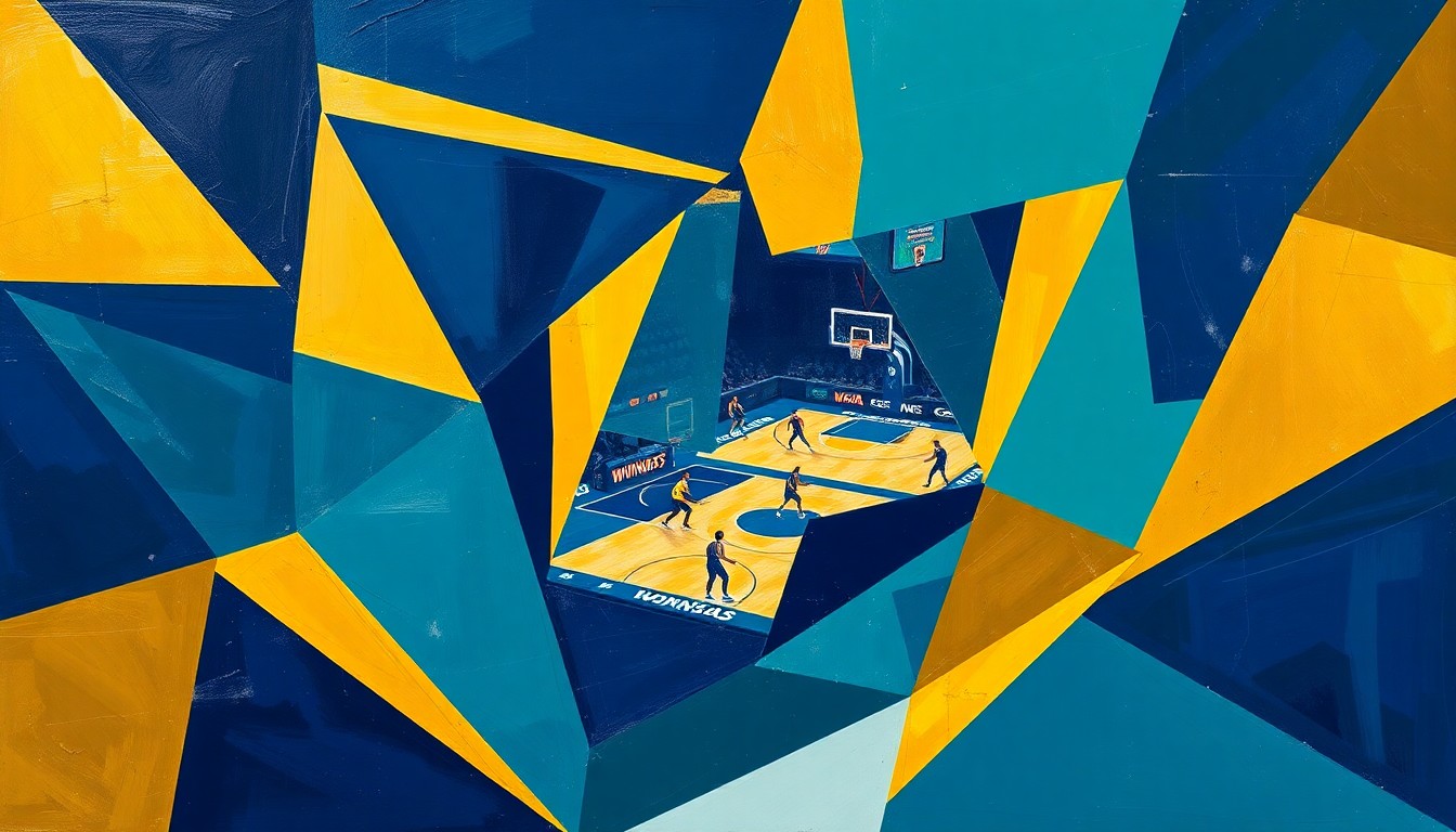 A cubist-style painting depicting a fragmented WNBA basketball game, with sharp geometric shapes in navy, teal, and gold colors overlapping to create a dynamic, abstract composition.