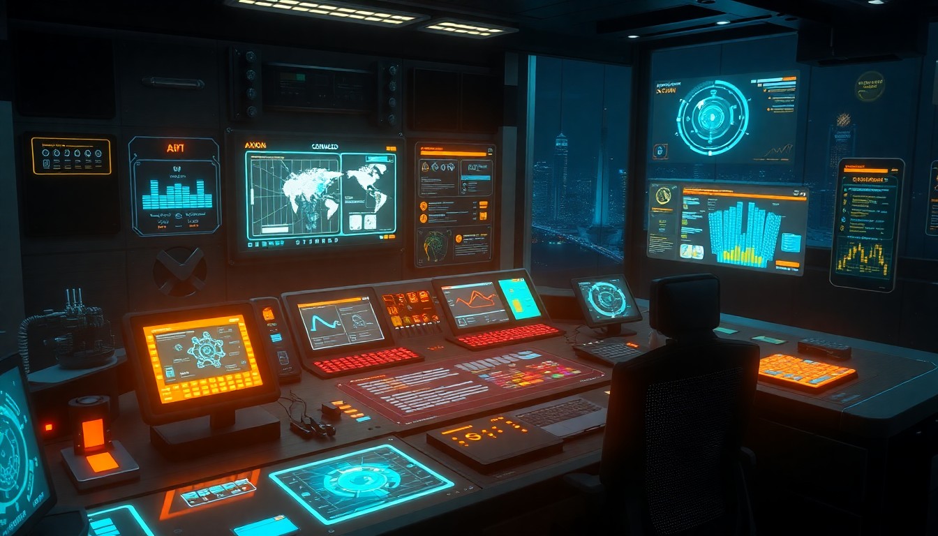 A highly detailed 3D illustration of a glowing, futuristic command center console with various holographic displays, neon-lit control panels, and pulsing data visualizations, conceptually representing the secure, high-tech infrastructure powering Axon's new AI-driven public safety tools.
