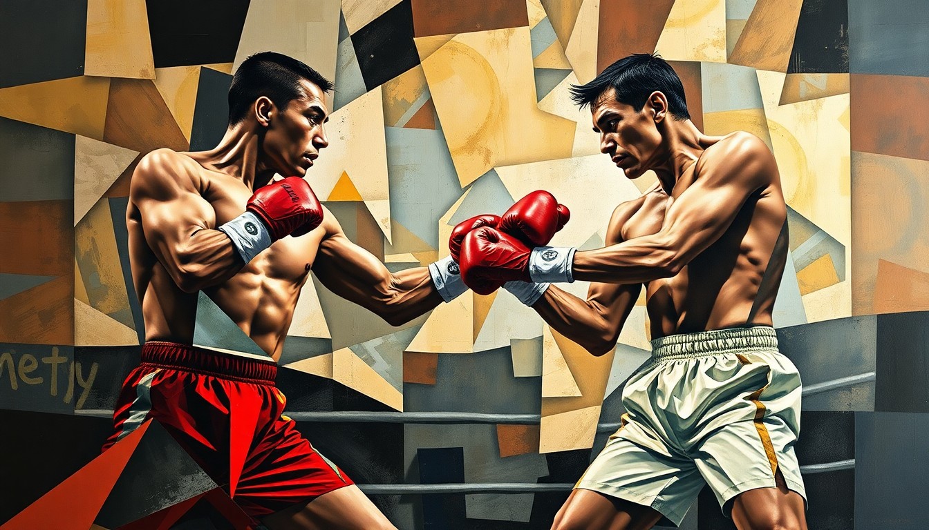 A cubist-style painting depicting a boxing match between two fighters, with their forms broken down into sharp, geometric shapes and planes of color, creating a dynamic and abstract visual representation of the sport.