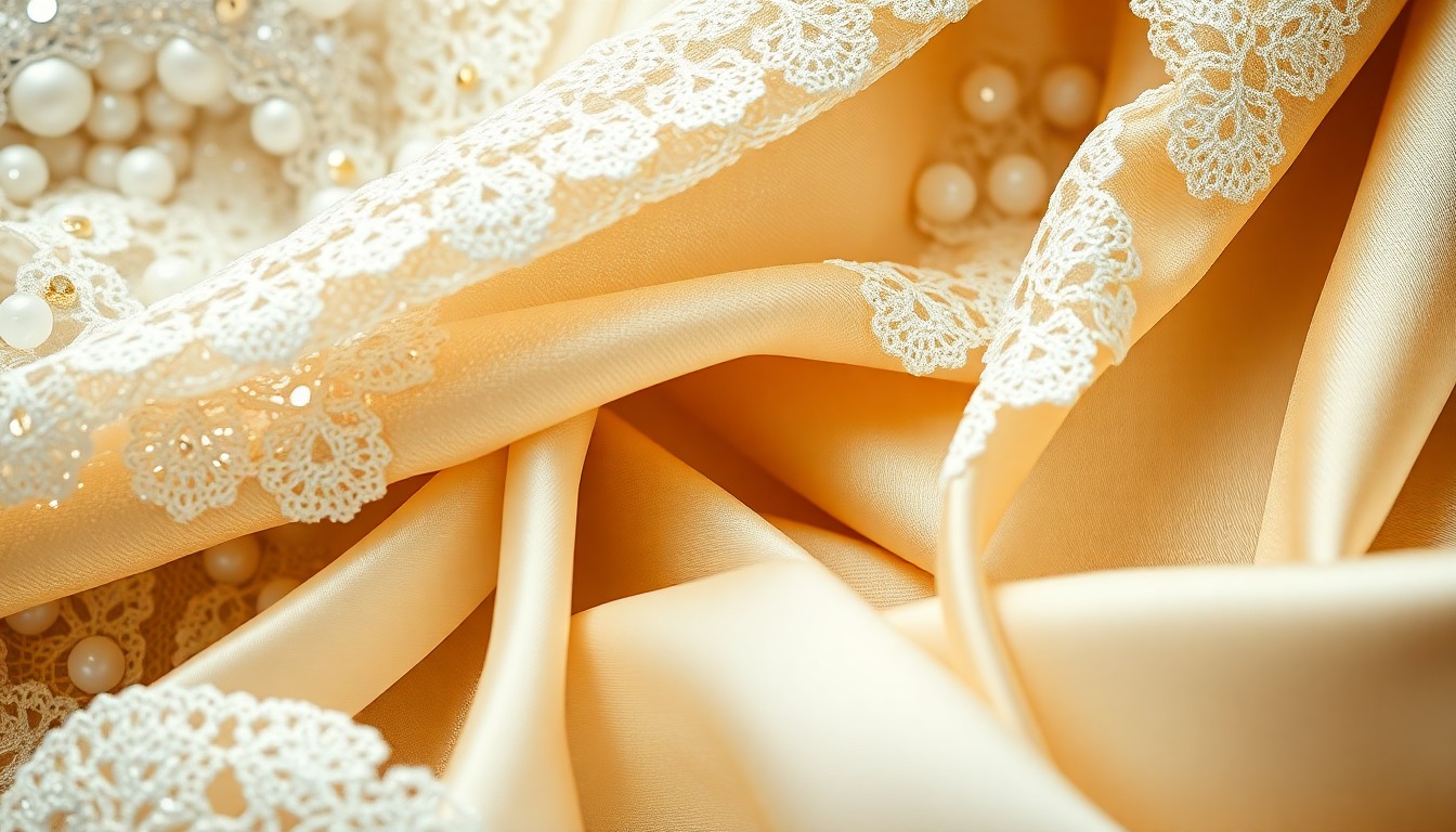 An extreme close-up photograph showcasing the luxurious, high-fashion textures of a wedding dress, including shimmering sequins, delicate lace, and lustrous satin in a conceptual, abstract composition that captures the glamour and excitement of a celebrity wedding celebration.