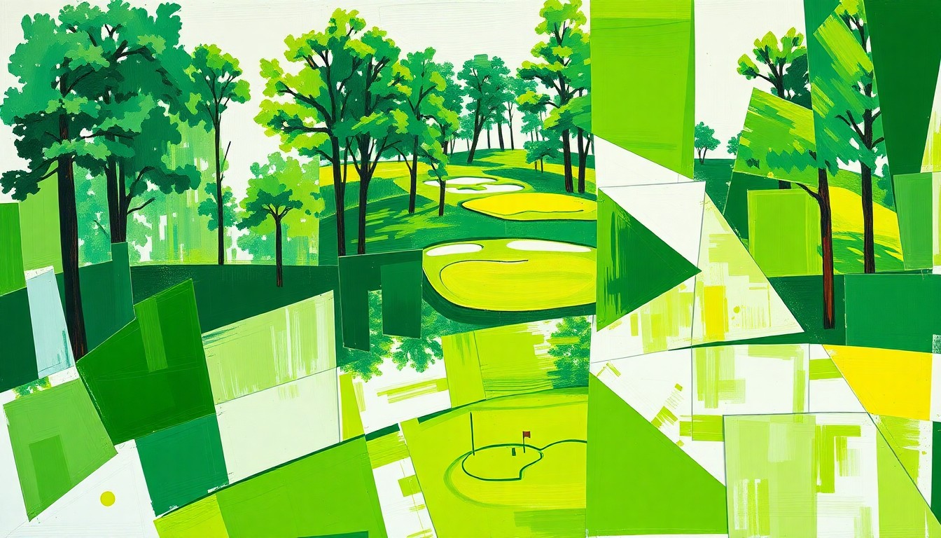 A cubist, geometric painting depicting fragmented images of fashion items associated with the Masters Tournament, including sunglasses, scarves, and golf-themed accessories, all rendered in a vibrant color palette of greens, whites, and accents of other colors.