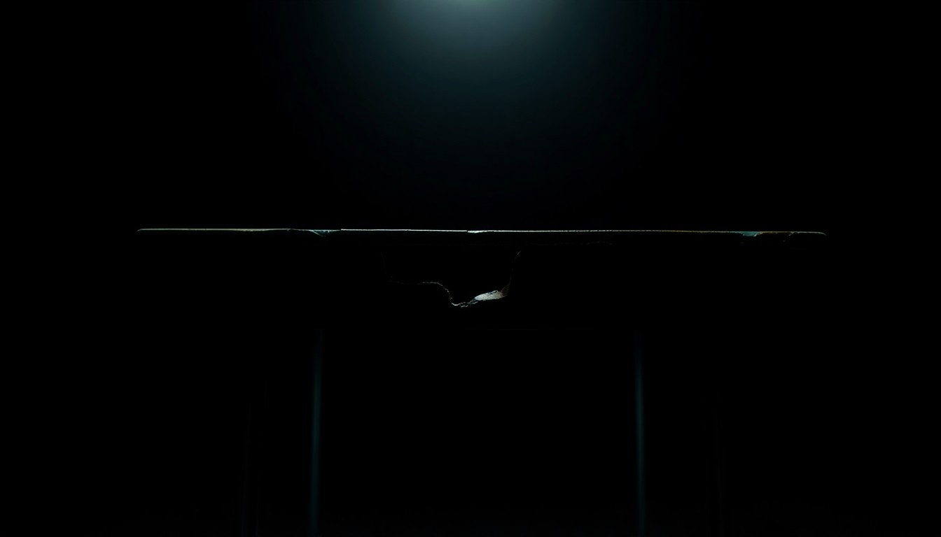 An extreme close-up of a cracked and damaged school desk, lit by a harsh, direct camera flash, conveying the stark, gritty aftermath of a violent incident in a school setting.