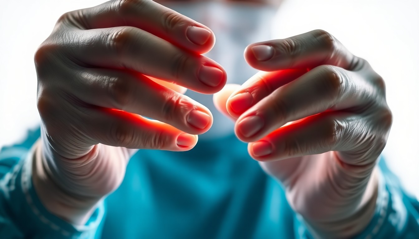 An extreme close-up of a doctor's hands, the skin textured and tense, conveying the weight of their responsibilities in a high-pressure medical environment.