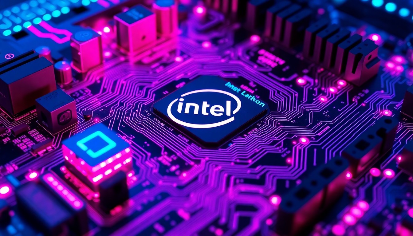 A highly detailed, glowing 3D macro illustration of a futuristic Intel desktop motherboard with intricate circuit patterns and illuminated by neon cyan and magenta lights, conceptually representing the advanced technology powering Intel's upcoming chipset lineup.