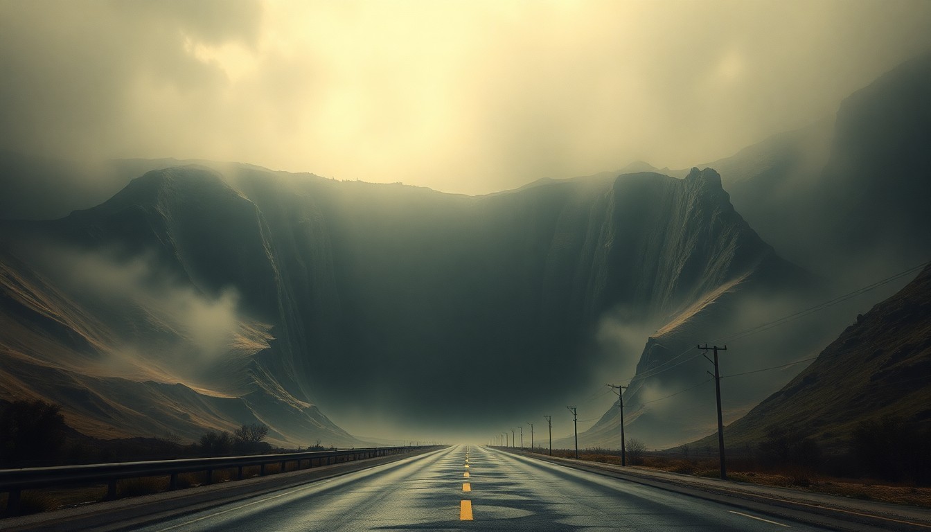A vast, atmospheric landscape painting depicting a massive sinkhole opening up in the middle of a desolate, fog-shrouded highway, conveying the overwhelming scale of the natural forces at work and the vulnerability of human-built structures.