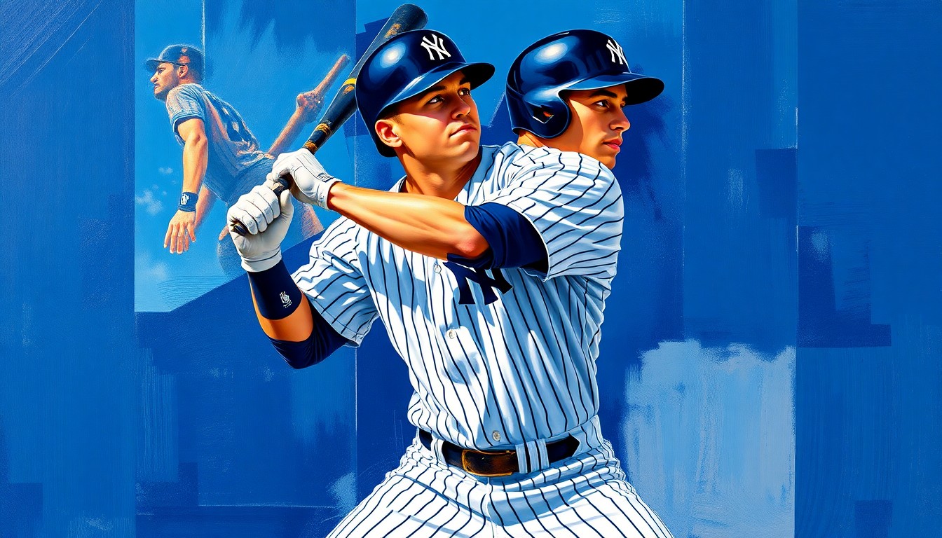 A fragmented, geometric painting depicting a baseball player's batting stance, with sharp planes of navy blue and white representing the Yankees' uniform colors.