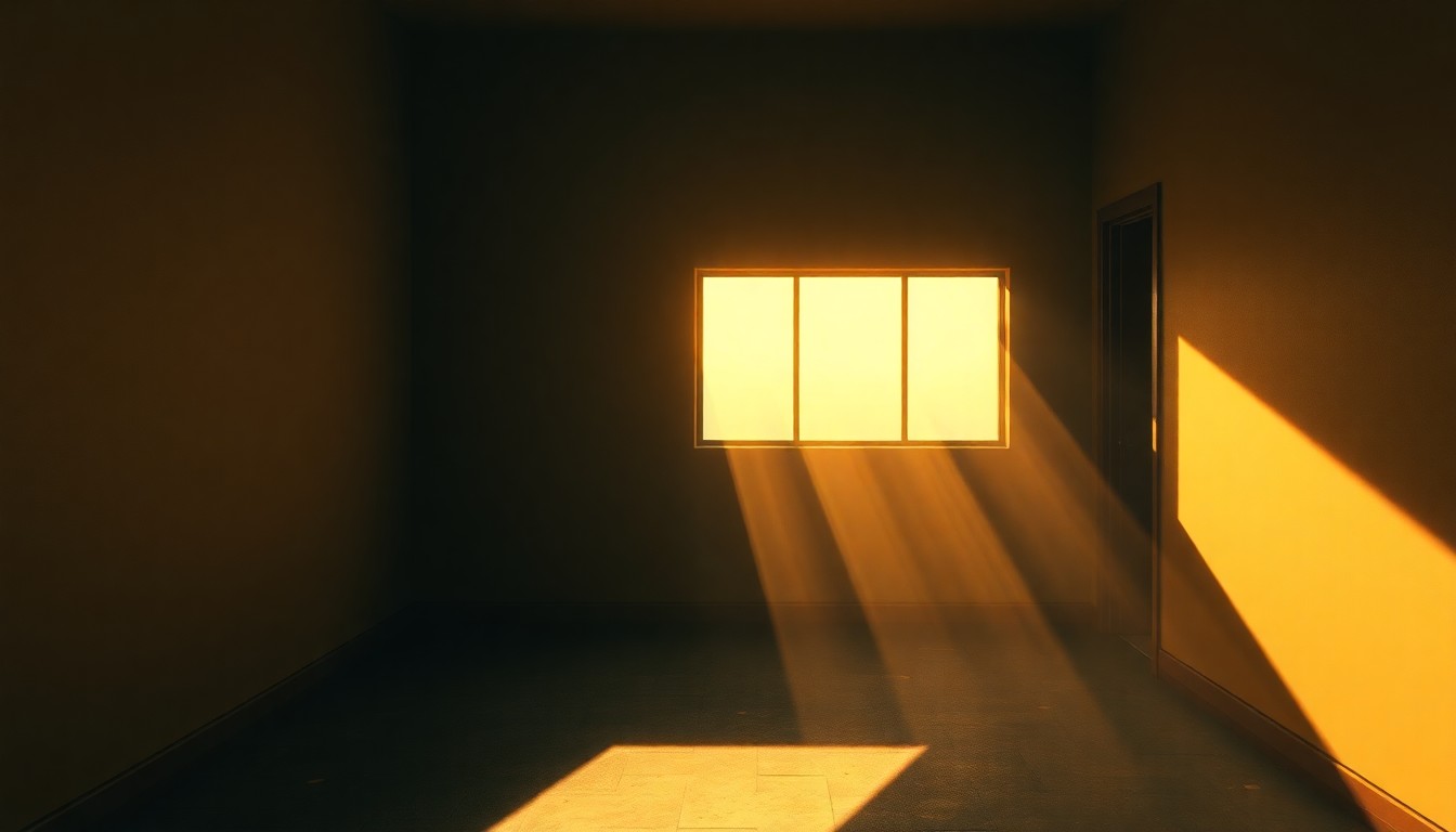 A dimly lit, cinematic painting of an empty hallway or stairwell, with a single door or window casting warm, diagonal beams of light across the scene, evoking a sense of isolation and unease around immigration enforcement.