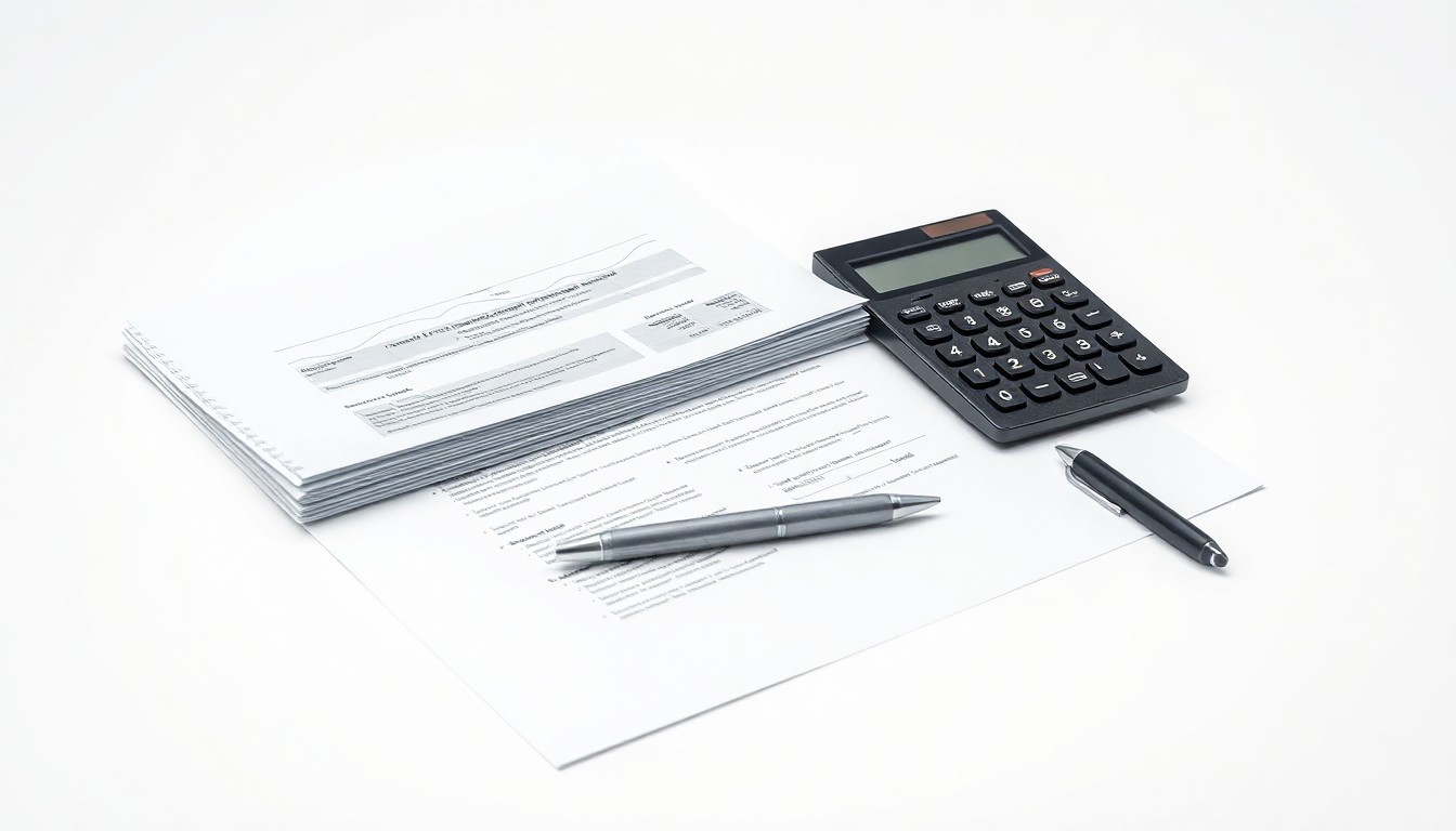 A highly detailed, photorealistic studio photograph showing a stack of financial documents, a calculator, and a pen arranged on a clean, white background, conveying the abstract concepts of corporate strategy and financial risk.