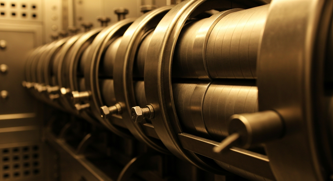 An extreme close-up of intricate, metallic banking machinery and gears, conveying the institutional strength and security of the financial system as a conceptual metaphor.