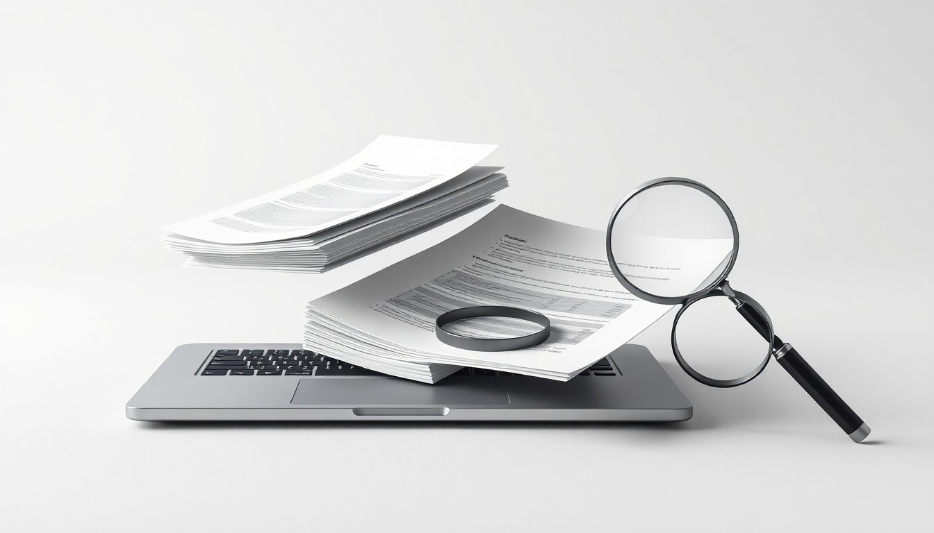 A minimalist studio photograph featuring a sleek laptop computer, financial documents, and a magnifying glass arranged on a clean, monochromatic background, symbolizing the abstract concepts of corporate strategy, finance, and regulatory risk.