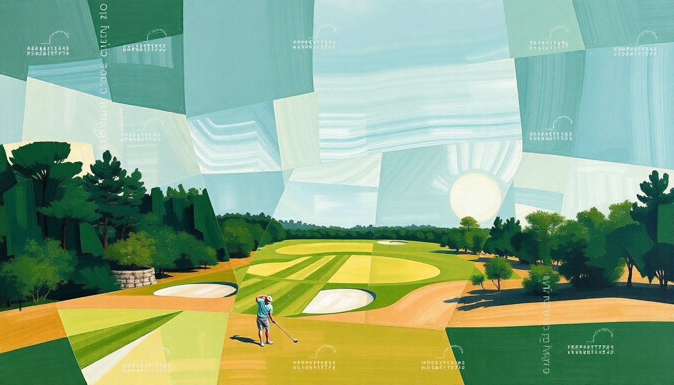 A fragmented, geometric painting depicting a golf match or tournament, with sharp planes of color representing the various elements of the sport and personal life.