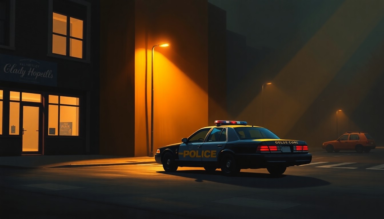 A realistic oil painting depicting a lone police car parked on a shadowy urban street, with warm sunlight and deep contrasting shadows, conveying a sense of quiet contemplation about the complex relationship between local and federal law enforcement.