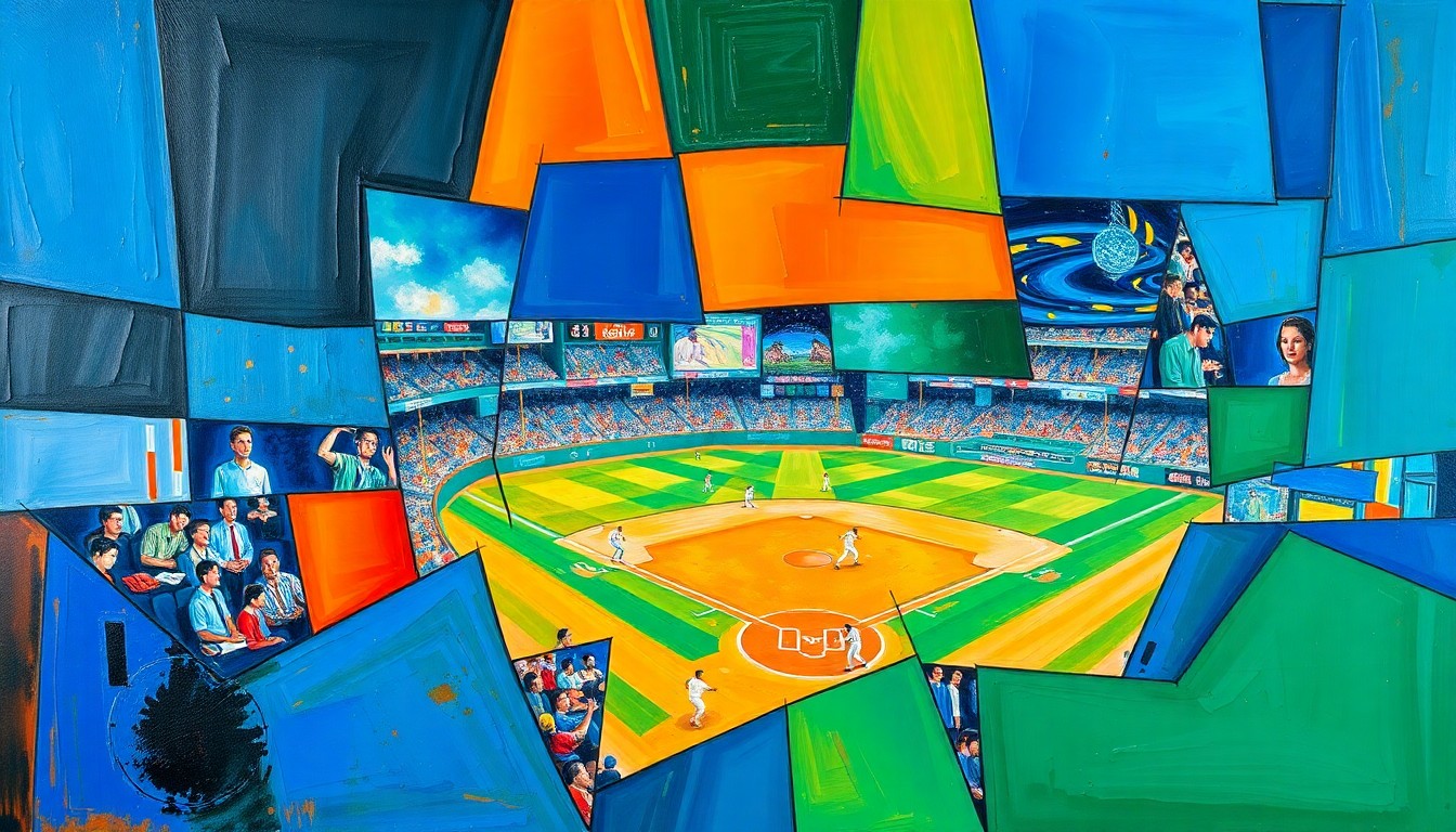A cubist, geometric painting depicting a baseball game or action, with sharp, overlapping planes of color representing the dynamic motion and energy of the sport.