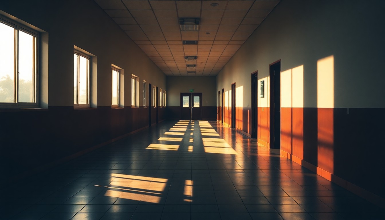 A dimly lit, cinematic painting of an empty school hallway, with sunlight streaming through the windows and long shadows cast across the tiled floor, creating a mood of quiet contemplation around the debate over public funding for education.
