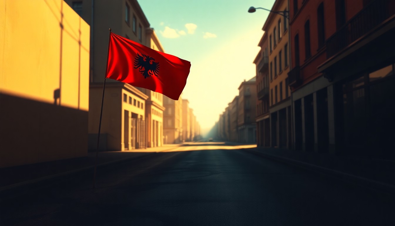 A serene, nostalgic painting of an Albanian flag waving in the warm sunlight of a city street, capturing the tranquil mood and international connections surrounding Eric Adams' new citizenship.