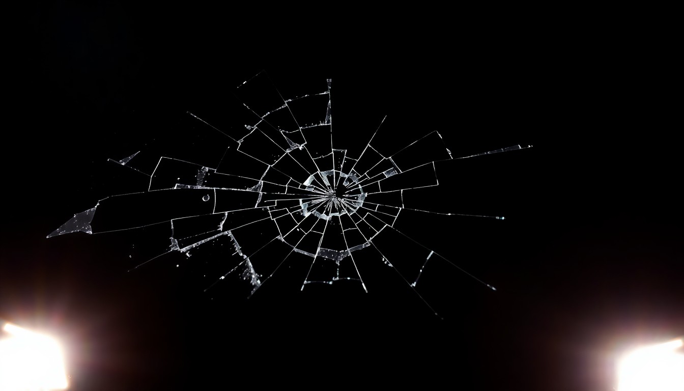 An extreme close-up of a severely cracked and damaged car windshield, reflecting the harsh lighting of a direct camera flash against a pitch-black background, conceptually illustrating the aftermath of a serious vehicular collision.