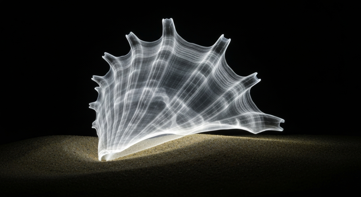An extreme close-up X-ray photograph revealing the intricate internal structure of a seashell partially buried in sand, conceptually representing the hidden factors that influence water quality at coastal beaches.