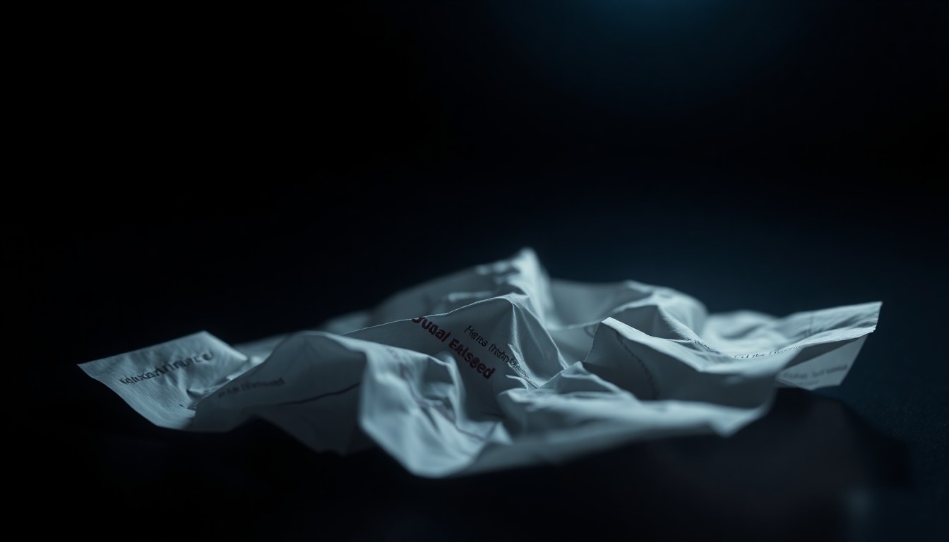 An extreme close-up photograph of a crumpled fast food receipt, the harsh flash illuminating the textured surface and creating a gritty, investigative aesthetic.