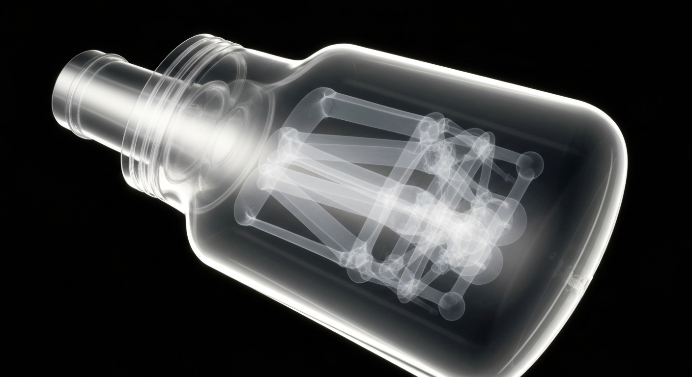 An extreme close-up X-ray photograph showing the detailed internal structure of a medicine bottle, conceptually representing the need for transparency in the 340B drug discount program.